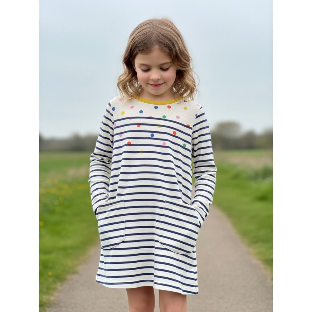 Mini Boden Stripe Polka Dot Long Sleeve Jersey Dress Girls Size 7 Navy
